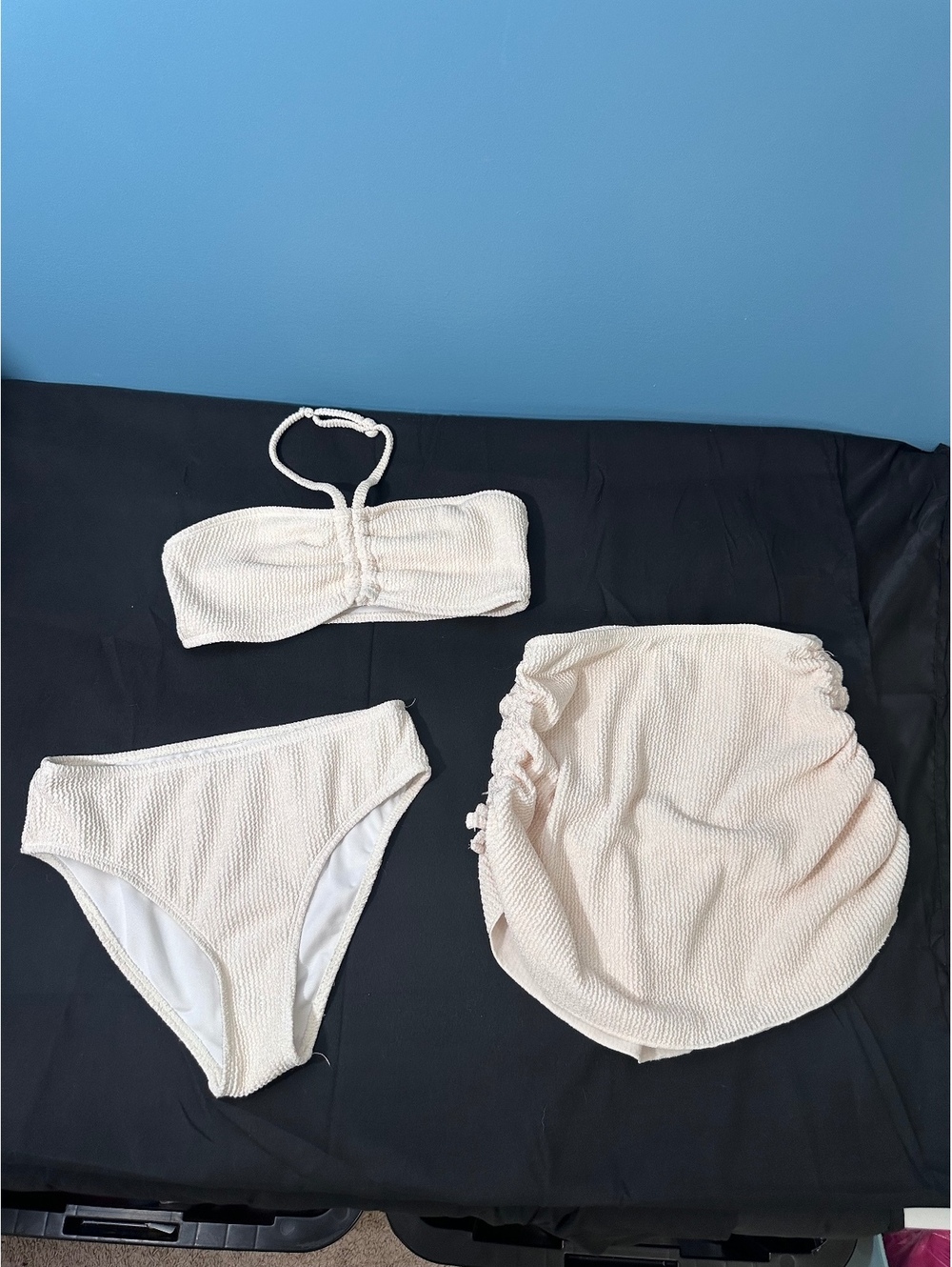 Girls' 3-Piece Ivory Textured Bikini Set with Ruched Skirt Cover-Up Size 12Y
